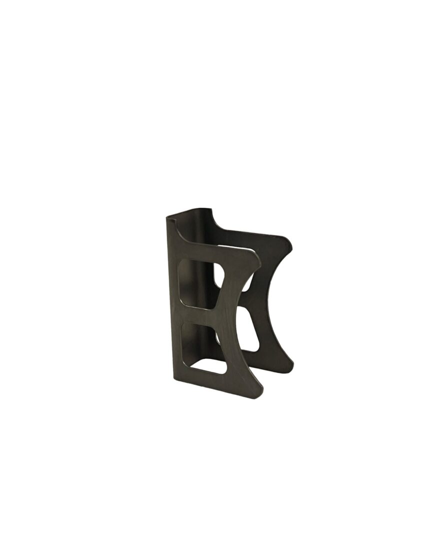 A black wooden chair with a letter r on it.