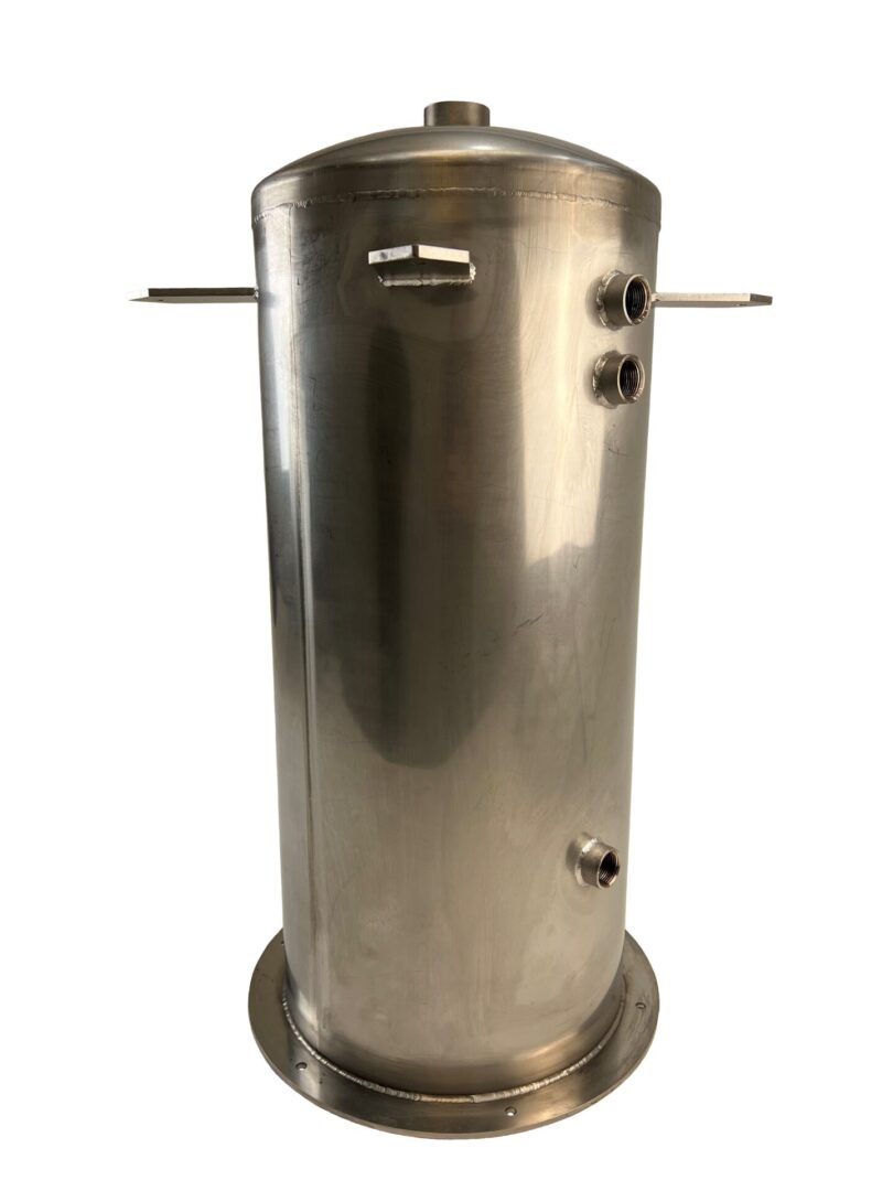 A stainless steel tank with two handles on the side.